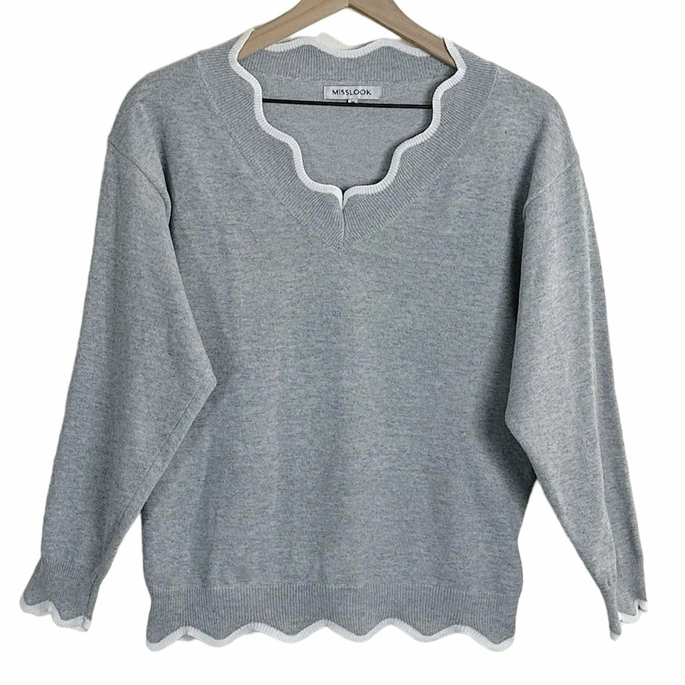 Knitted Wool Gray White Scalloped Neckline Pullover Sweater Misslook Medium - Picture 14 of 14